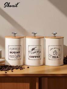 shoxil 3pcs Coffee, Sugar, Tea Canister Set With Airtight Bamboo Lid, Metal Leak-Proof Jars, Space-Saving Sealed Cans, Vintage Kitchen Container For Food Storage - Coffee & Tea & Sugar - View 3