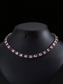 1 Set mit 3 Stücken orientalischer Stil minimalistischer Zirkonia Halskette & Ohrringe Set, elegant für Braut-Hochzeit, formelle Party, Verlobung, hochwertiges Schmuckgeschenk für Frauen