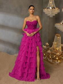 Faeriesty 华丽亮片礼服，搭配层叠薄纱裙和高开衩下摆 | 适合黑色领带晚会、婚礼和戛纳派对的奢华晚礼服