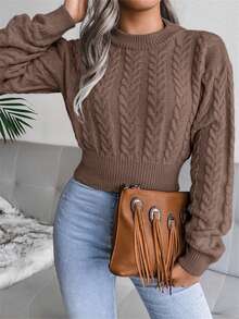 Women Cable Knit Round Neck Cinched Waist Long Sleeve Cropped Pullover Knitwear, Casual Autumn/Winter