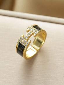 1 件时尚奢华铜 18K 镀金全冰字母 H 形可调节戒指，适合女性约会之夜和正式穿着、结婚周年纪念礼物 - H字母戒指 - 查看 2