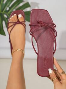 Sandalias con tira de cristal para adolescentes, Sandalias de moda para mujeres, Pantuflas planas francesas respirables con puntera abierta para uso al aire libre - Rojo violeta - Ver 6
