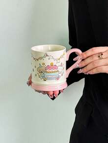 1 件陶瓷生日派对熊杯，可爱/漂亮的韩式水杯，粉色手柄咖啡杯，卡通手绘杯，适合作为生日礼物、老师/同学礼物，可放入微波炉和洗碗机