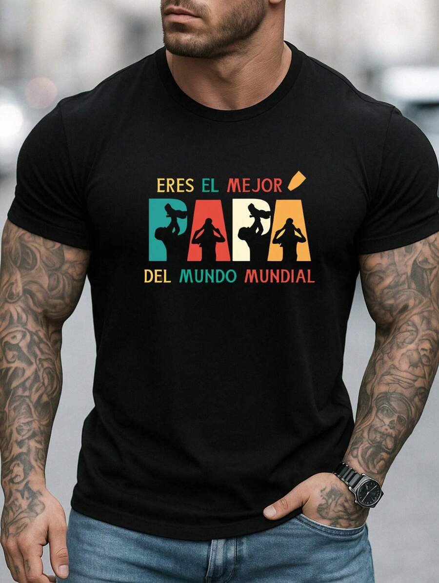 Camisetas De hombre Manga Corta para verano de cuello redondo Casual, Negra y Blanca, Playeras De hombre con estampado de dibujos dia del padre - Negro - Ver 1