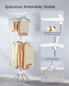 SONGMICS HOME Clothes Airer, Clothes Drying Rack With 6 Rotatable Arms For Hangers, 4-Leg Indoor Folding Laundry Rack, Stainless Steel, For Clothes And Socks, 191 Cm High, White And Silver - 白色和銀色 - 查看 3
