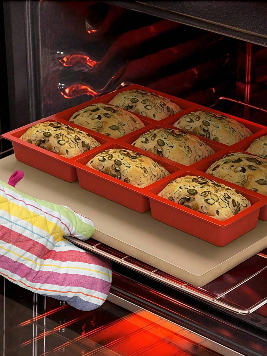 1pc Silicone Mini Loaf Pans, Silicone Baking Mold,Non-Stick Mini Bread Pans, 9 Cavities Silicone Bread Baking Mold, Perfect For Mini Loaf, Cake, Bread And Meatloaf, Cake,Brownie, - Rectangle Shaped Silicone Mold For Soap Making And Desserts - Red - View 1