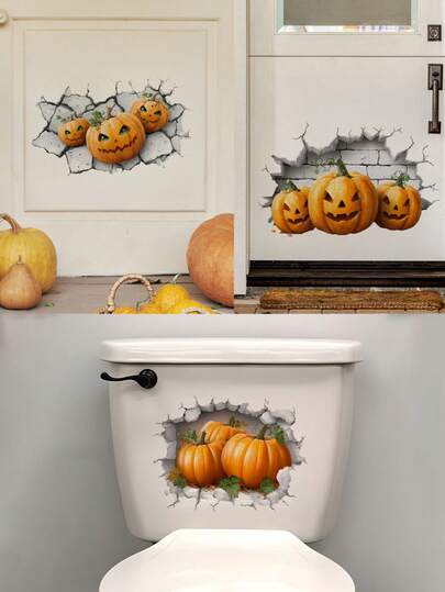 3D Cracked Wall Surface Halloween Pumpkin Wall Decal - Easy Peel & Stick, Removable PVC Sticker, Festive Jack-O'-Lantern Design For Living Room Or Bedroom Or Bathroom Or Toilet Sticker Decor, Perfect For Halloween Party Atmosphere, Halloween Decorations