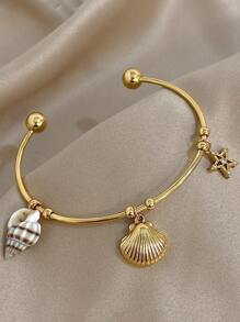 1Pc 18K Gold Plated Ocean Open Bracelet For Women - Luxury Nautical Starfish Shell Charm With CZ Stones, Adjustable Boho Beach Jewelry, Mother's Day Gift, Summer Vacation Travel Essential, Graduation Present, Teacher Gifts