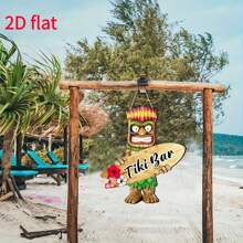 1 Señal de bar de estilo tiki hecha a mano de madera - Estatua tropical tiki y colgante de tabla de surf con orquídea colorida, decoración de estilo bohemio, adecuada para terrazas, jardines, fiestas de verano y decoraciones con temática hawaiana y luau
