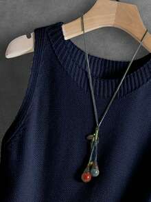 French Retro Elegant Solid Color Sleeveless Knit Camisole Top For Women, Spring/Summer/Autumn - Navy Blue - View 3