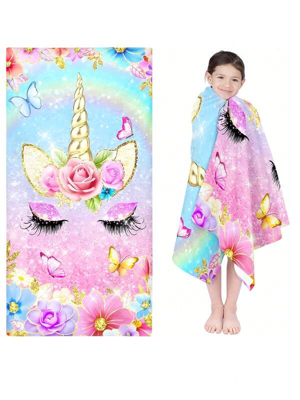 1PC Dreamy Unicorn Bath Towel With Lashes Watercolor Rainbow & Flying Butterflies Pattern For Baby Shower Gifts