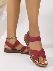 Sandalias planas tipo slip-on para mujer con elástico cruzado, de tela tejida bohemia, para el verano