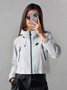 女士短款外套，春季轻便连帽多口袋拉链休闲户外外套 - 淺灰色 - 查看 3