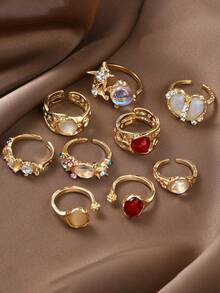 9pcs Set Asymmetrical Hollow Heart Rhinestone Faux Gemstone Star Burst Design Chunky Rings, Cute Stackable Fashionable Elegant Vintage Style, Suitable For Holiday, Party, Date, Daily Wear, Gift - Yellow Gold - View 5