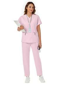2Pcs Simple Plain Batwing Sleeve Top & Pants Scrub Uniform Set - Dusty Pink - View 4