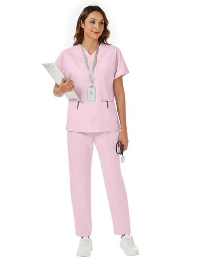 2Pcs Simple Plain Batwing Sleeve Top & Pants Scrub Uniform Set Spring