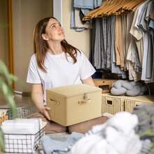 1 Hộp đựng đồ gấp gọn có khóa kéo và tay cầm, màu be, làm từ vải lanh polyester, hình vuông có nắp đậy, chắc chắn và bền bỉ, đa năng dùng để đựng quần áo, đồ chơi và các vật dụng khác, cũng thích hợp để trang trí nội thất, trang trí phòng ngủ, làm dải trang trí, đựng đồ, quần jean, v.v. - Màu be - Xem 6