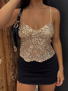 Women Y2k Glitter Sequin Cami Top Spaghetti Strap Backless Sparkle Camisole Fashion V Neck Going Out Tops Clubwear - Gold - View 2