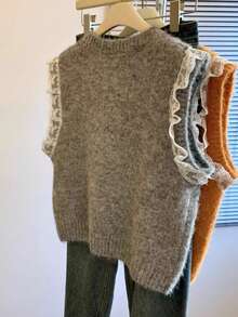 Gilet sans manches en tricot à patchwork de dentelle de couleur unie polyvalent pour femmes, convient pour le printemps - Gris - Voir 4
