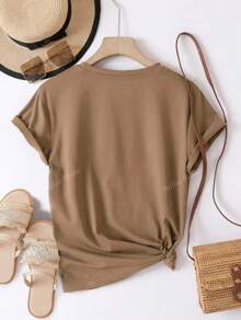 Camiseta gráfica de ritmo cardíaco casual para mujer - Manga corta, cuello redondo, beige con diseño de ritmo cardíaco negro, tejido de poliéster suave, perfecta para ropa casual, camiseta de mujer