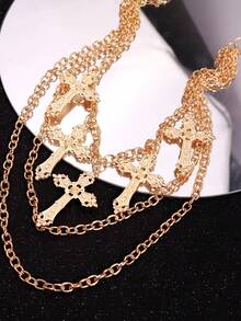 1pc Men's Punk Street Style Multilayer Golden Cross Body Chain, Fashion Unique Streetwear Jewelry - Multicolor - View 2