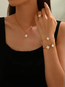 1 套不锈钢四叶草首饰套装包括手链项链耳环戒指手镯，采用 18K 镀亚克力制成，时尚适合日常、派对、节日佩戴 - 彩色 - 查看 2