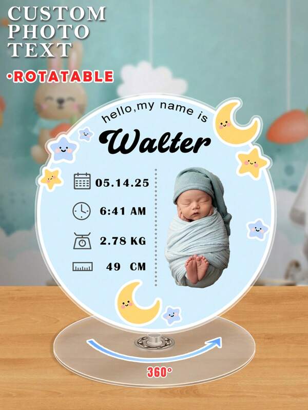 Individuelles Baby-Ankündigungsgeschenk mit Foto & Statistiken - Acryl-Erinnerungsstück für die Kinderzimmerdekoration, personalisierte runde Acrylplakette mit Neugeborenen-Geburtsstatistiken, 360° drehbarer Acrylständer zum Schulanfang