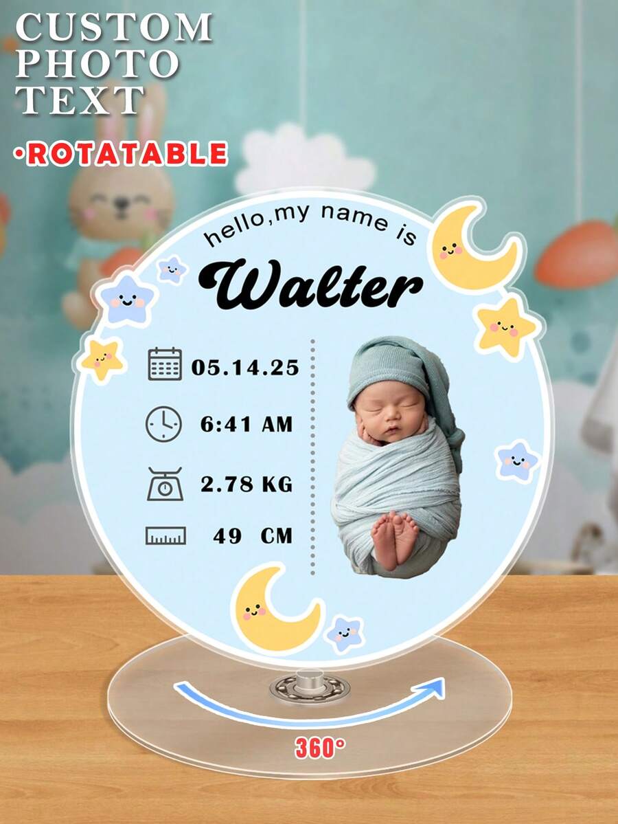 定制宝宝出生公告礼品，含照片和信息 - 亚克力纪念品，可用于婴儿房装饰，个性化新生儿出生信息圆形亚克力牌匾，360°旋转亚克力支架，适合返校季、儿童派对等场合