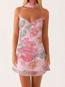Vestido mini de mujer con estampado floral/unicolor, vestido de tirantes sin mangas, vestido de verano sin espalda con pañuelo tipo choker - Morado Violeta - Ver 2