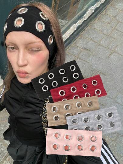 1件朋克风镂空黑色针织发带/头巾/发箍/吸汗带，秋冬季女士度假装扮发饰，优雅围巾/头巾/柔软头巾