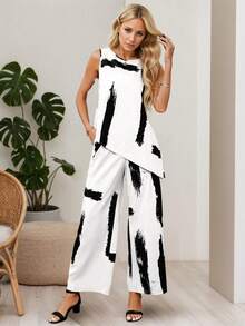 Conjuntos Elegantes Para Dama De Verano,Tops Holgado Asimétrico y Pantalones Anchos Con Cintura Elástica - Blanco - Ver 4