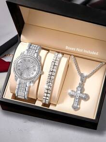Bộ đồng hồ và trang sức nữ, mặt tròn màu bạc kèm vòng tay và dây chuyền đính đá, thích hợp đeo hàng ngày, làm quà sinh nhật, quà dự tiệc, quà tặng ngày lễ, quà tặng lý tưởng cho bản thân hoặc bạn bè. Không kèm hộp đựng. - Bạc - Xem 3