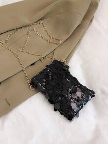 迷你亮片单肩包，个性纹理简约斜挎包，优雅手拿包，时尚亮片女士手机包，链条装饰可装手机和零钱，适合购物 - 黑色 - 查看 7