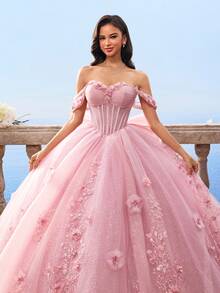 HEARBOBO Giáng sinh dễ thương 3D ren hoa thêu nơ phóng đại sang trọng váy dạ hội thanh lịch cho phụ nữ, váy cưới cổ tích cô dâu, váy dự tiệc - Hồng - Xem 8