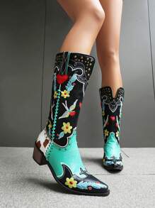 Vintage Embroidered Western Cowboy Boots With Chunky Heels, Mid-Calf, Rivet Contrast Color