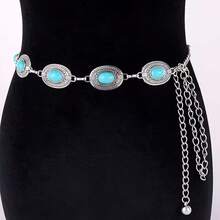 Women's Metal Chain Belt With Turquoise Oval Waistband - Silver - View 4