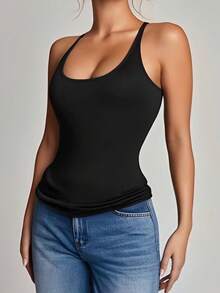 1pc Backless Casual Minimalist Sleeveless Loose Long Tank Top With Deep V Neckline - Black - View 4