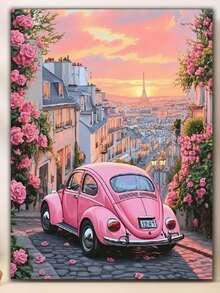 5d Diy French City Scenery Pink Car Full Round Diamond Painting Kit Mosaic Portrait Art Full Drill Diamonds Embroidery Craft,Living-Room Decor,Frameless - Multicolor - View 2