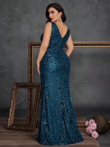 Elisanya Plus Size Elegant High-Quality Stretch Beaded Fitted Luxurious Personalized V-Neck Slit Long Dress, Formal For Wedding, Banquet, Party, Prom, Mother Of The Bride Formal Gown (Heavy Bead Embellished)