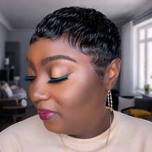 Short Pixie Cut Wig Brazilian Virgin Human Hair Straight Machine Made Rose Net Cap Easy To Wear For Beginners - Natural & Black - View 3