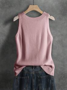 女士针织背心，休闲法式复古文艺风纯色吊带衫，百搭日常叠穿单品，短款无袖针织上衣，春季及四季皆宜的粉色夏季款 - 粉色 - 查看 2