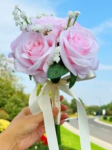 1PC Bridal Bouquet For Wedding; Lace Ribbon Tied Artificial White Rose Flower; Wedding Home Decoration; Wedding Ceremony; Bride's Hand-Held Flower; Church Wedding Ceremony Bridesmaid Prop; Outdoor Wedding Party Photography Decoration Prop