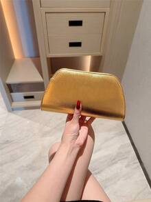 1pc Stylish EU/US Metallic Decorated Mini Box Handbag, High-End Shiny Metal Bar Clutch Purse, Elegant Luxury Evening Dress Party Bag, Leather Design Prom Dancing Clutch/Wedding Ceremony Handbag With Metal Chain - Gold - View 7