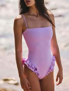 One Piece Womens Swimsuits Y2k Ruffle Bathing Suit Spaghetti Strap Square Neck Tummy Control Slimming Swimwear - 紫羅蘭色 - 查看 3