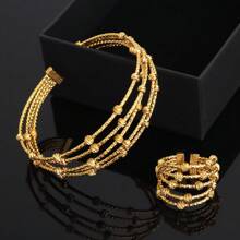 2 piezas Conjunto de pulsera y anillo ajustable chapado en oro de 24k, joyería para mujer, diseño hueco de estilo árabe, joyería apilada de estilo bohemio, conjunto de joyería de moda para mujeres saudíes