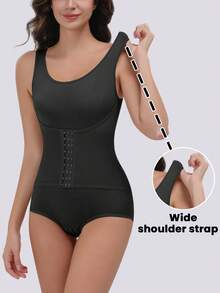 女士塑身连体衣 - 收腹、收腰、提臀，宽肩设计，黑色，配有可调节三排扣 - 黑色 - 查看 3