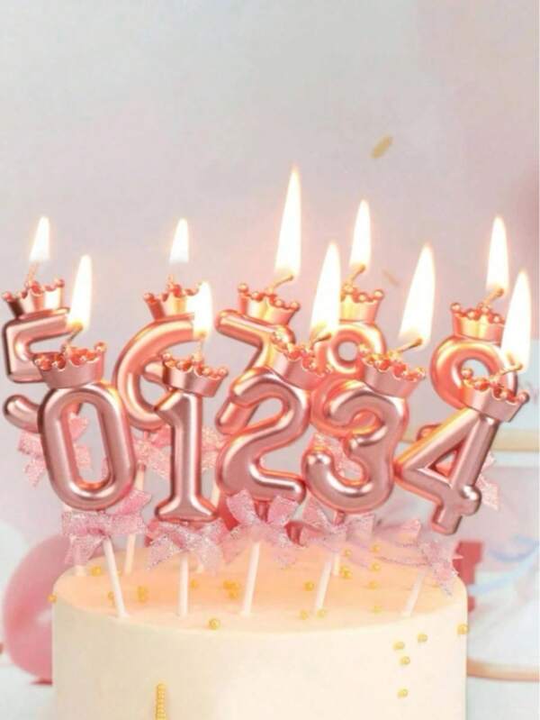 Velas en forma de corona y lazo 3D con números del 0 al 9, velas para decoración de pastel de cumpleaños, velas en forma de corona de color oro rosa, adecuadas para decoración de pasteles de cumpleaños, decoración de fiestas de cumpleaños (color aleatorio)