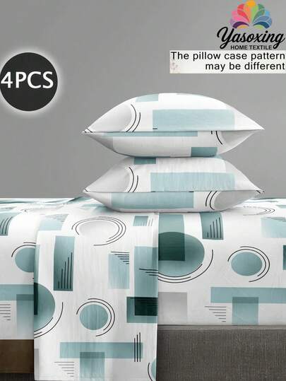 4 件套白色蓝色几何图案床单套件易于护理超细纤维柔软床上用品套装花卉床笠套件（1 件床单+1 件床笠+2 个枕套）床笠套件特大号双人床全尺寸床单深口袋最大 11.8 英寸枕套，柔软透气防皱，更适合睡眠，豪华酒店风格，送给妈妈爸爸朋友宿舍床上用品返校床上用品的礼物