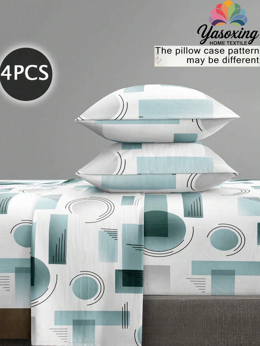 4-Piece White And Blue Geometric Pattern Bedding Set, Easy-Care Soft Bedding Set, Fitted Sheet Set (1 Flat Sheet + 1 Fitted Sheet + 2 Pillowcases), Fitted Sheet Set, Suitable For King, Queen, Full, Twin, Deep Pocket Design, Fits Up To 11.8 Inch Pillowcases, Soft And Breathable, Wrinkle-Resistant - Multicolor - View 1