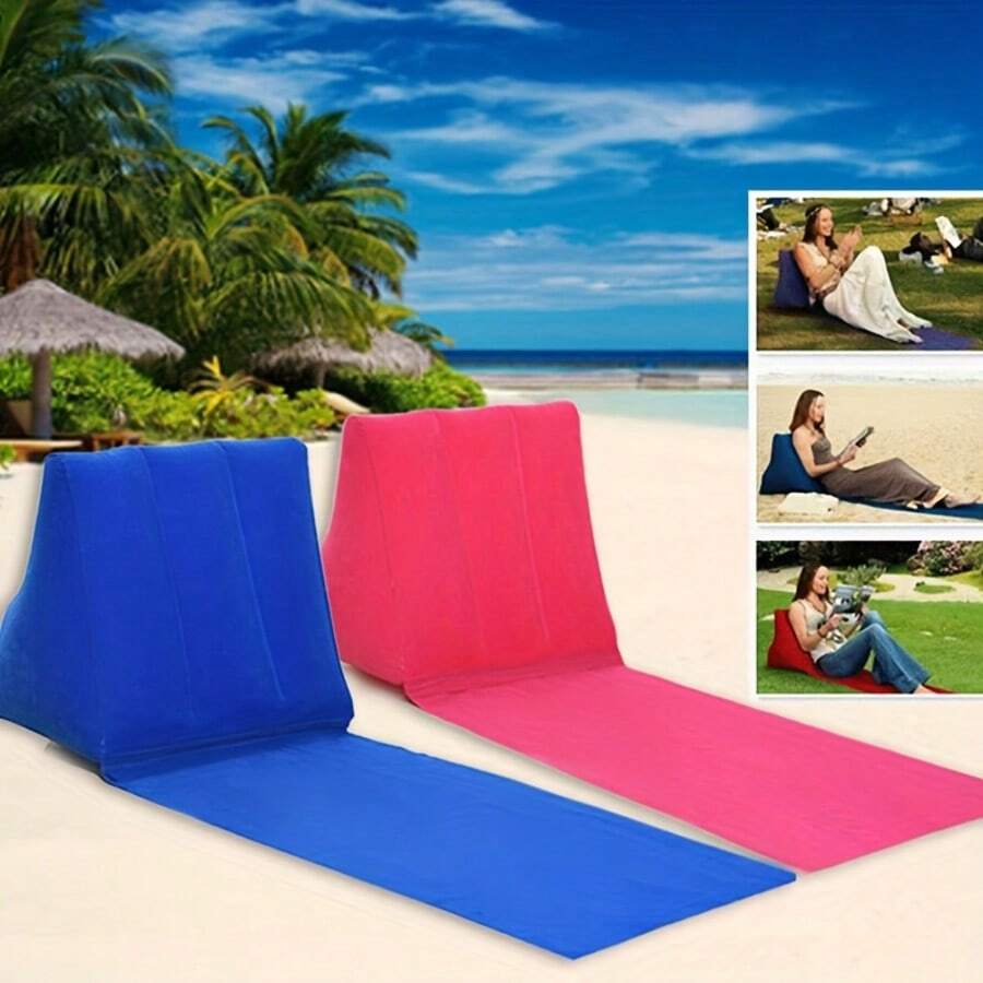 1pc Inflatable Beach Mat, Solid Color With Triangle Headrest, Suitable For Outdoor Beach, Pool, Reading, Leisure, Camping, PVC Material - Multicolor - View 1